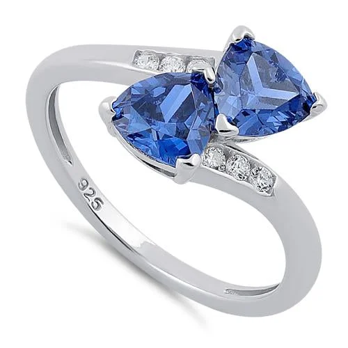 Ladies statement sapphire ring-Sterling Silver Double Trillion Cut Tanzanite CZ Ring