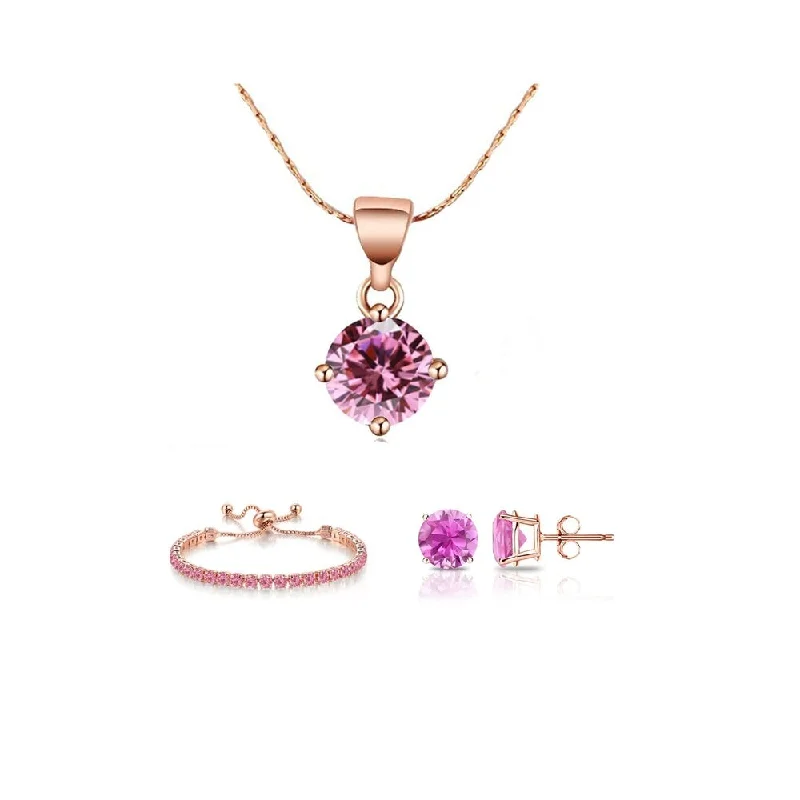 Ladies gold bangle-10K Rose Gold Necklace Earrings Bracelet Set Created Pink Sapphire 6 Ct