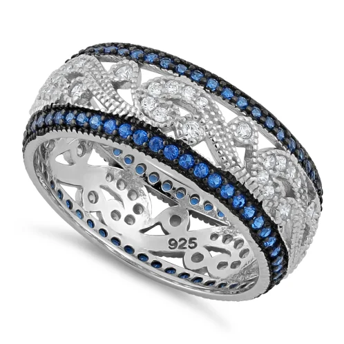 Ladies emerald engagement ring-Sterling Silver Filigree Blue Spinel CZ Black Plating Ring