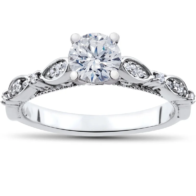 Ladies engagement ring with halo setting-14k White Gold 3/4 ct TDW Diamond Vintage Engagement Ring