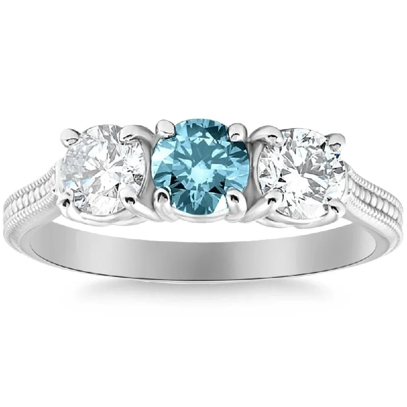 Ladies vintage-inspired engagement ring-1 1/2Ct Blue Diamond 3-Stone Accent Engagement Ring in Gold Lab Grown