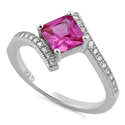 Ladies handmade silver ring-Sterling Silver Elegant Princess Cut Pink CZ Ring