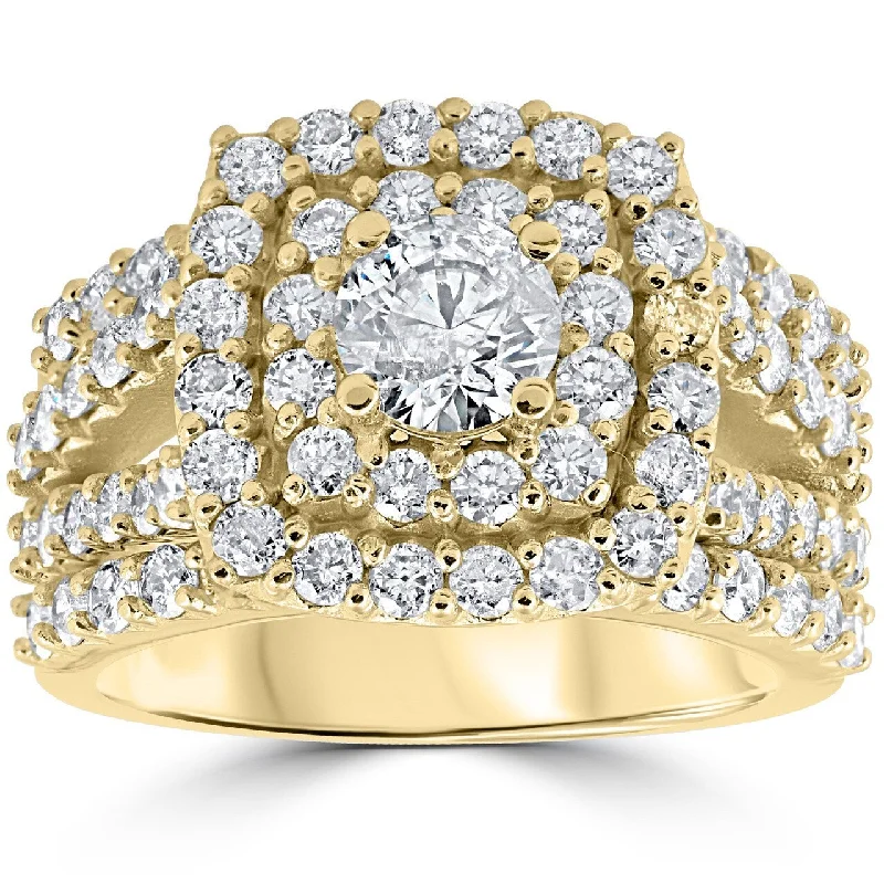 Ladies vintage engagement ring-3ct Diamond Engagement Wedding Double Cushion Halo Trio Ring Set Yellow Gold