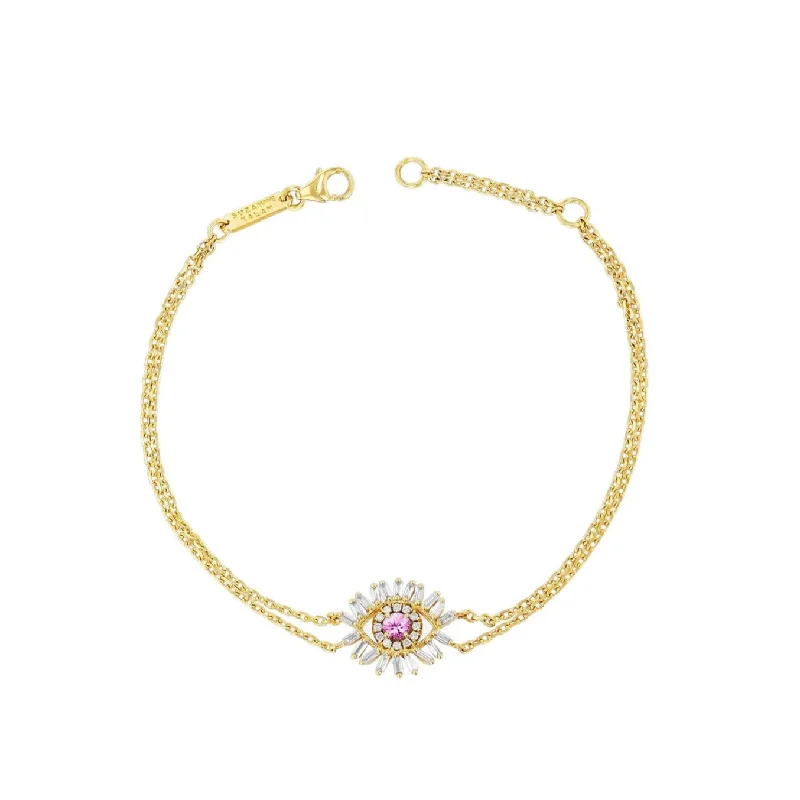 Ladies gold bracelet-Suzanne Kalan | 18k Mini Evil Eye Pink Sapphire Chain Bracelet