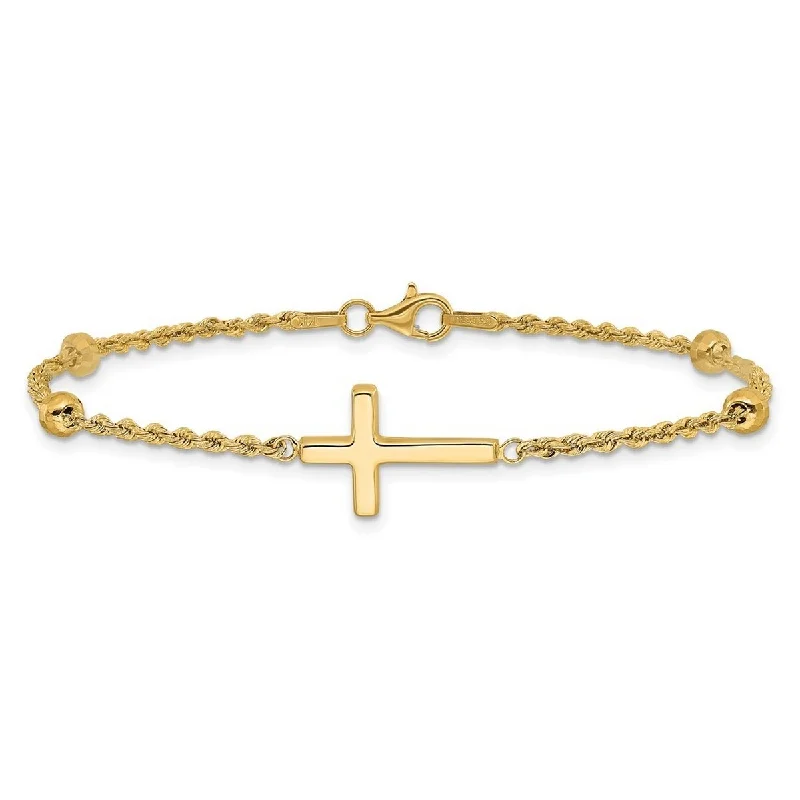 Ladies gold bangles for women-Curata 14k Yellow Gold 7.5" 11mm Diamond Cut Beads Cross Rope Bracelet