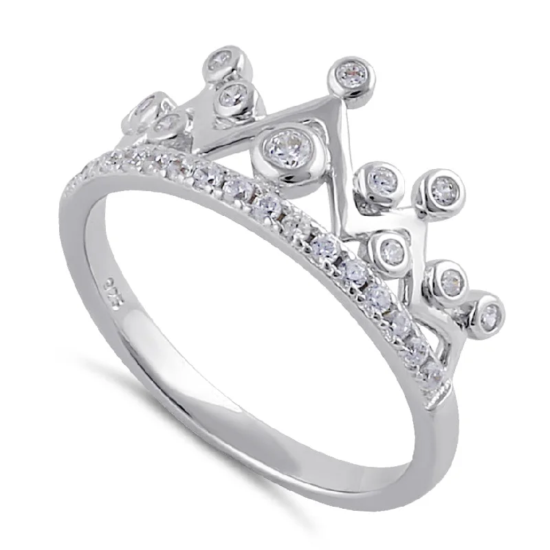 Ladies wedding band ring-Sterling Silver Clear CZ Princess Crown Ring