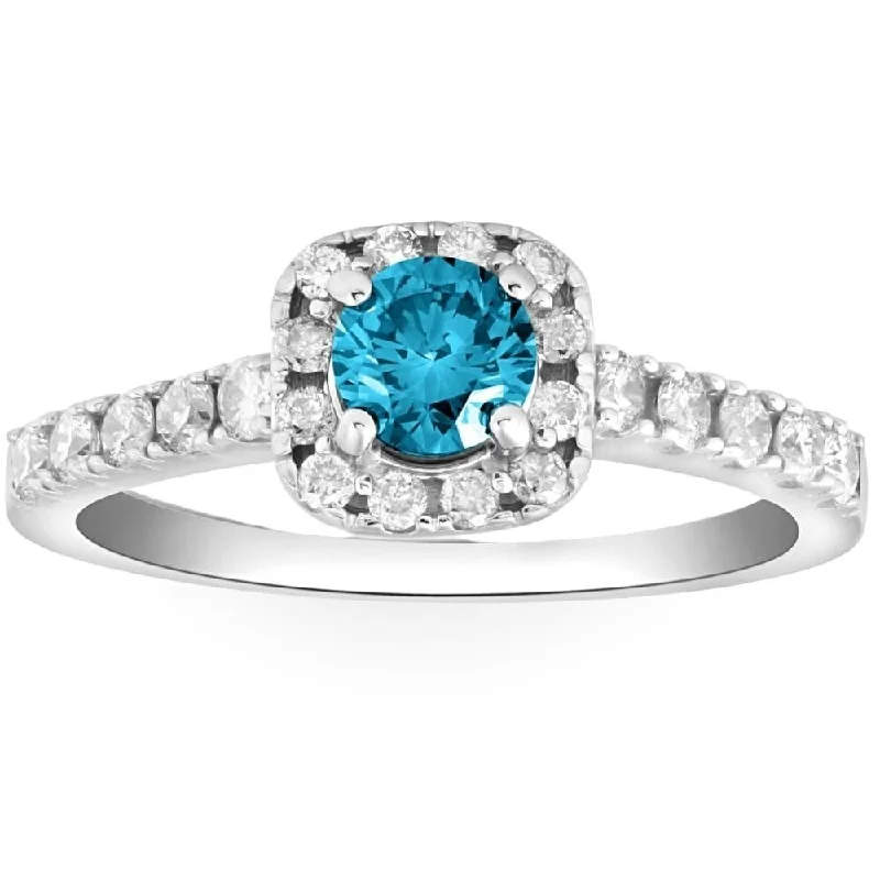 Ladies custom designed engagement ring-1Ct Blue Diamond Cushion Halo Engagement Ring in White Gold