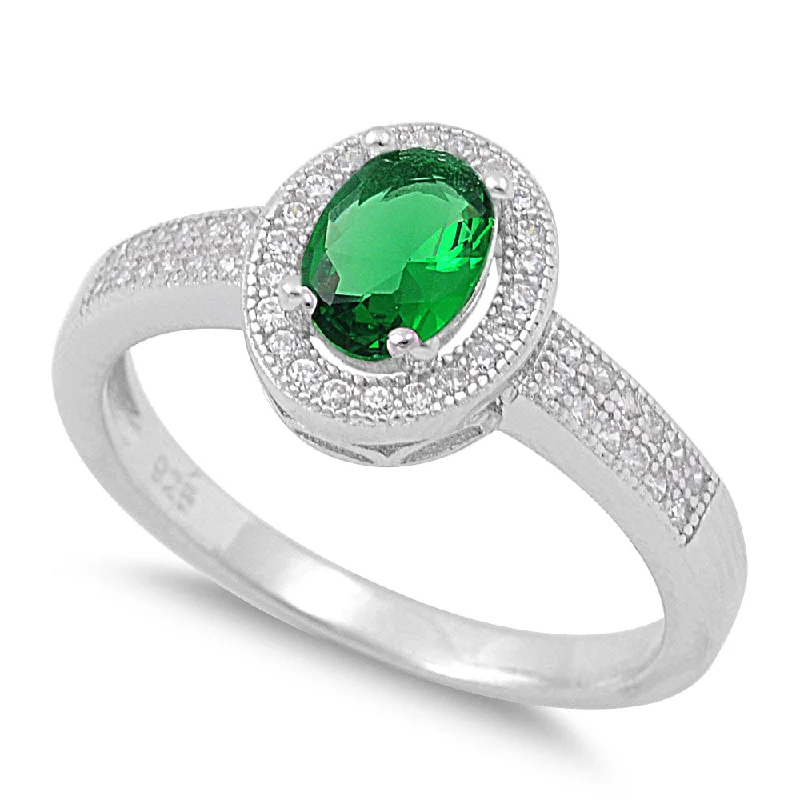 Ladies gold cocktail ring-Sterling Silver Emerald CZ Oval Halo Ring