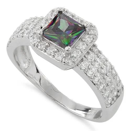 Ladies diamond wedding band-Sterling Silver Rainbow Topaz Princess Cut Pave CZ Ring