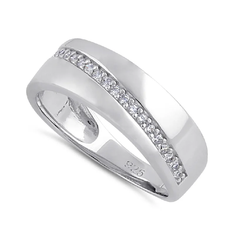 Ladies sapphire ring-Sterling Silver Clear CZ Band Ring