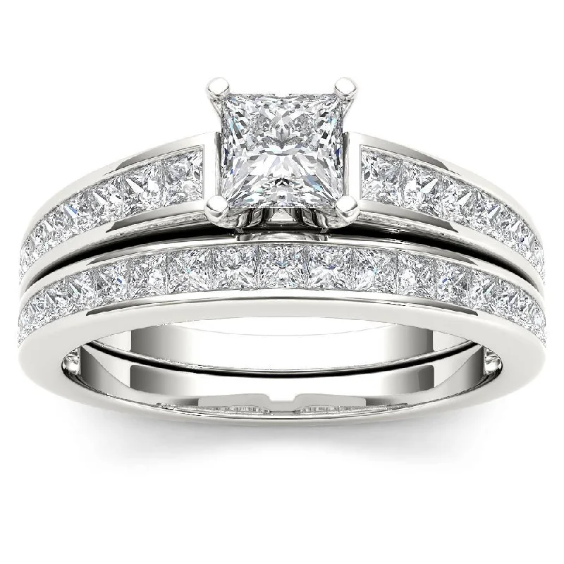 Ladies engagement ring with halo setting-De Couer 14K White Gold 1 1/2ct TDW Princess-Cut Diamond Engagement Ring Set