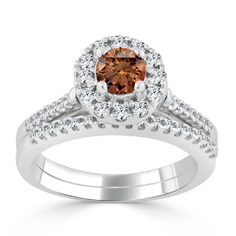 Ladies oval diamond engagement ring-14k Gold 3/4ct TDW Brown Diamond Halo Engagement Ring Set by Auriya