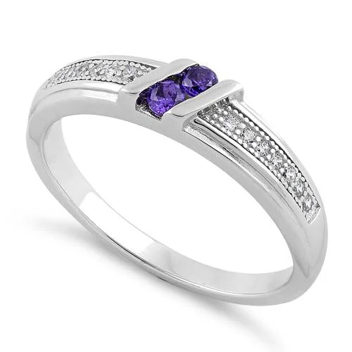 Ladies trendy ring-Sterling Silver Twins Amethyst CZ Ring