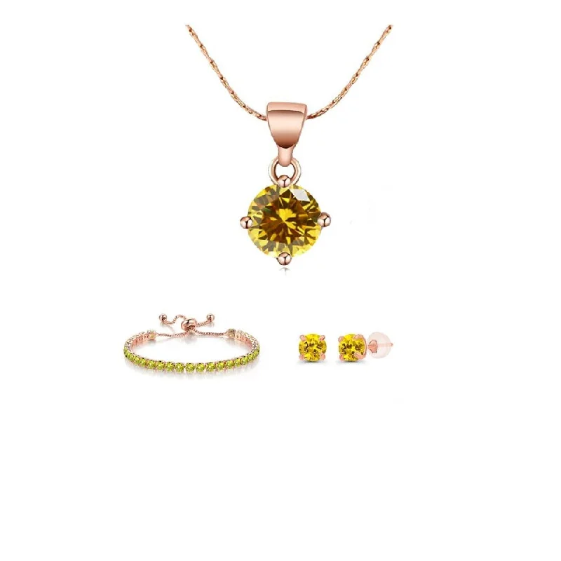 Ladies charm bangle-10K Rose Gold Yellow Sapphire Necklace Earrings Bracelet Set 6 Ct Jewelry