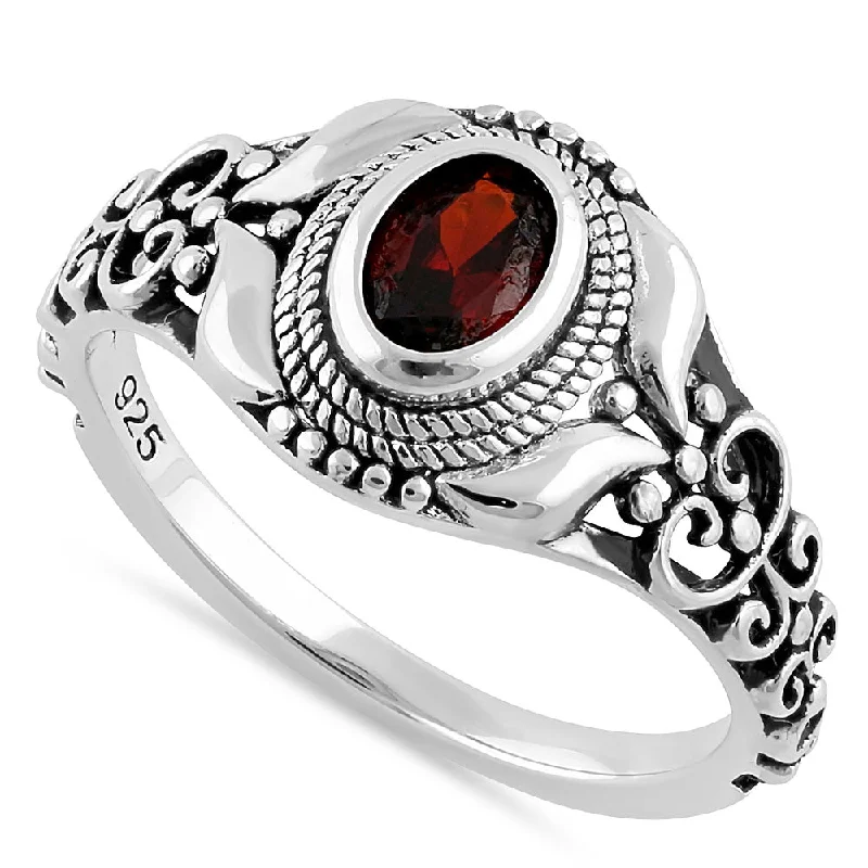 Ladies fashion ring-Sterling Silver Austere Oval Cut Dark Garnet CZ Ring