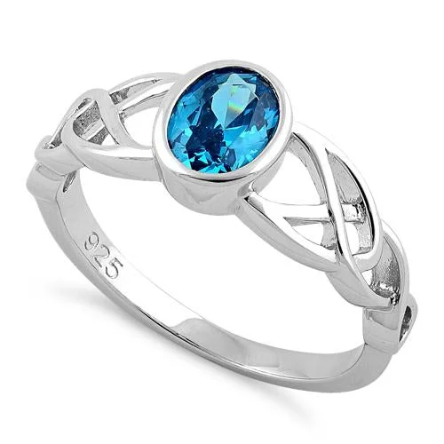 Ladies personalized name ring-Sterling Silver Oval Aqua Blue CZ Celtic Ring