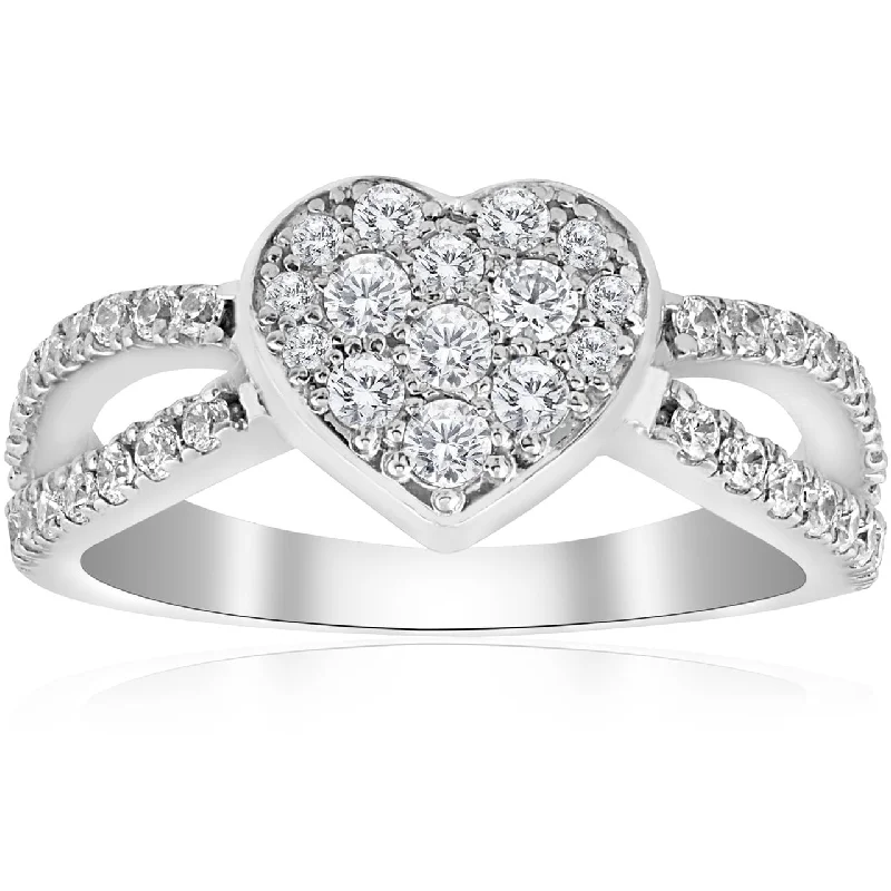 Ladies simple gold engagement ring-3/4 ct Heart Shape Pave Diamond Engagement Ring White Gold