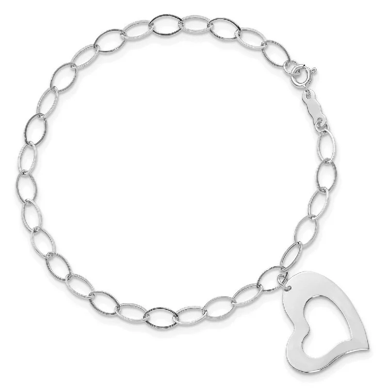 Ladies sterling silver cuff bracelet-Curata 14k White Gold Dangle Love Heart Bracelet 7.25 Inch Jewelry for Women