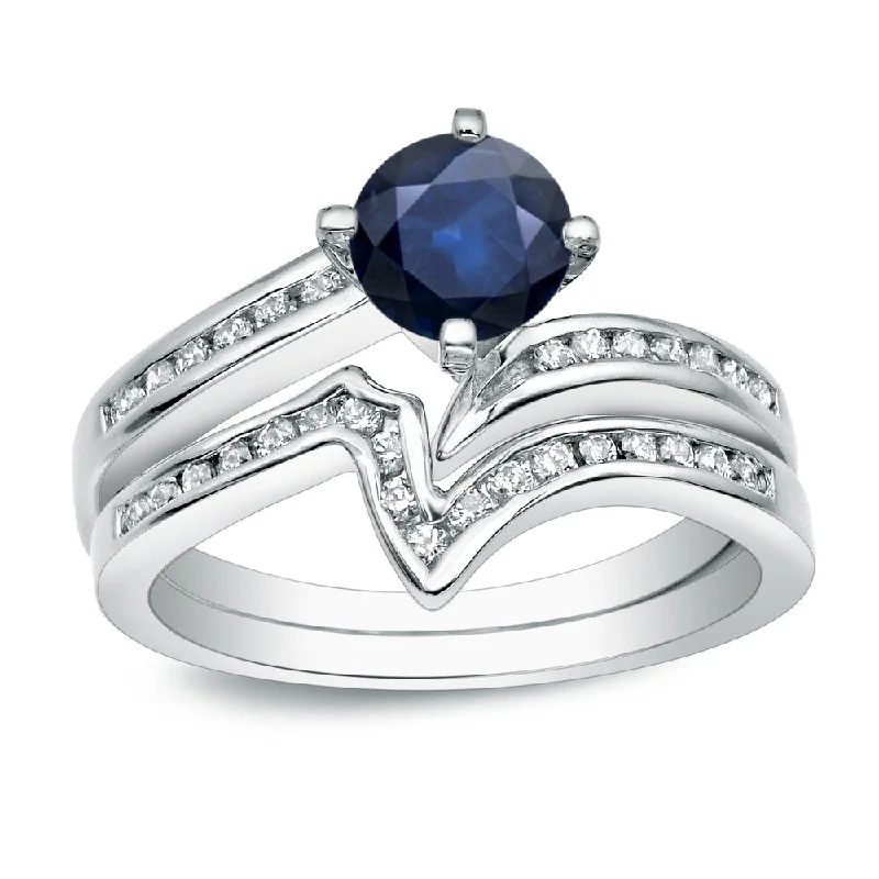 Ladies classic engagement ring-Auriya 14k Gold 3/4ct Blue Sapphire and 1/4ctw V-Shaped Diamond Engagement Ring Set