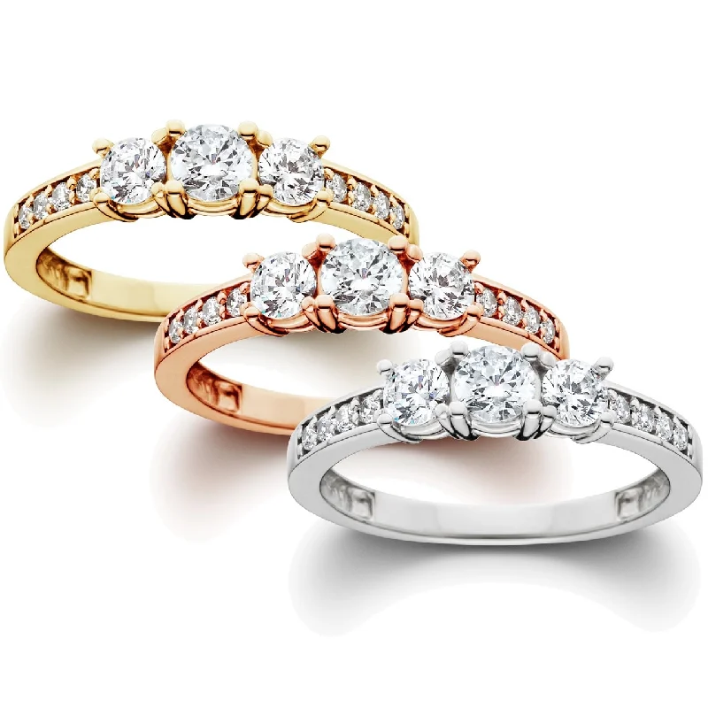 Ladies engagement ring with round diamond-1 ct 3-Stone Diamond Engagement Ring in White, Yellow, Rose Gold