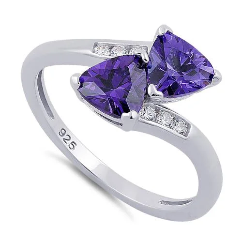 Ladies silver engagement ring-Sterling Silver Double Trillion Cut Amethyst CZ Ring