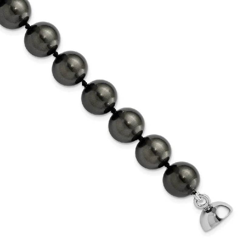 Ladies personalized bracelet-925 Sterling Silver Majestik Rhodium-plated 10-11mm Black Imitation Shell Pearl Bracelet, 7.5"