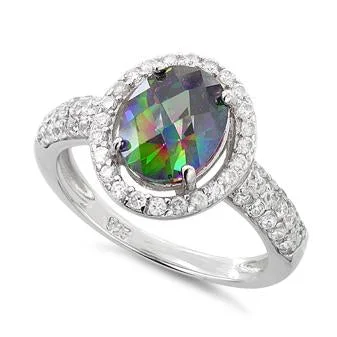 Ladies platinum engagement ring-Sterling Silver Rainbow Topaz Oval Halo CZ Ring