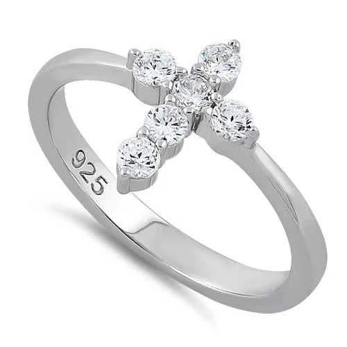 Ladies handmade diamond ring-Sterling Silver Cross Clear CZ Ring