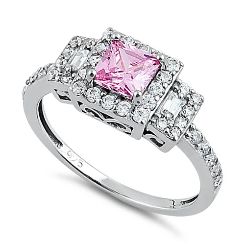 Ladies silver gemstone ring-Sterling Silver Square Pink CZ Ring