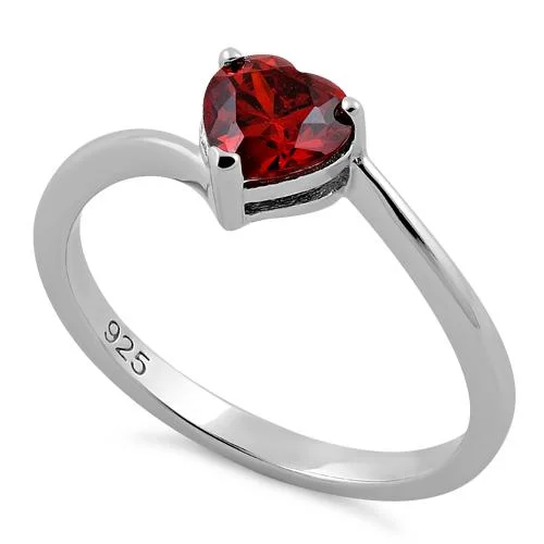 Ladies gold signet ring-Sterling Silver Dark Garnet Heart CZ Ring