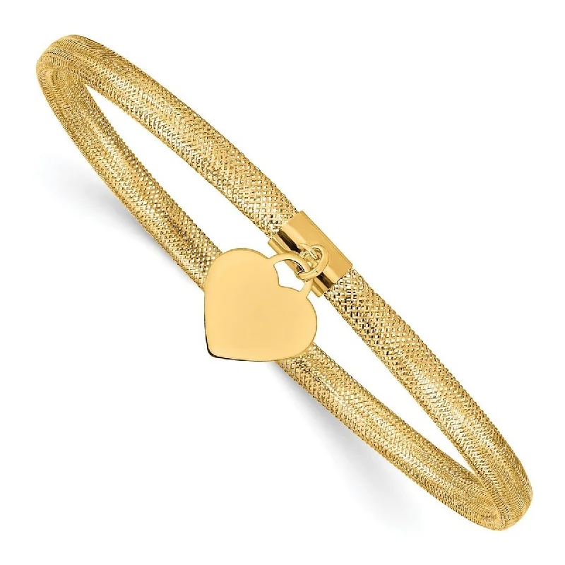 Ladies gold bangles for women-Curata 10k Yellow Gold 4mm Dangling Heart Stretch Mesh Slip-on Bracelet