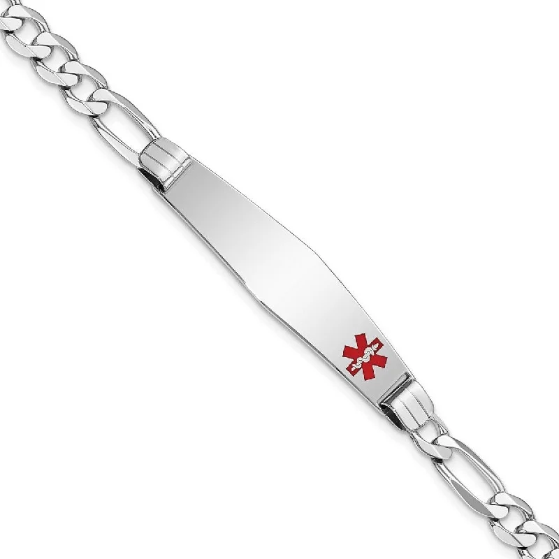 Ladies charm bangle-Curata 14k White Gold 8" 10mm Engravable Medical Red Enamel Figaro Link ID Bracelet