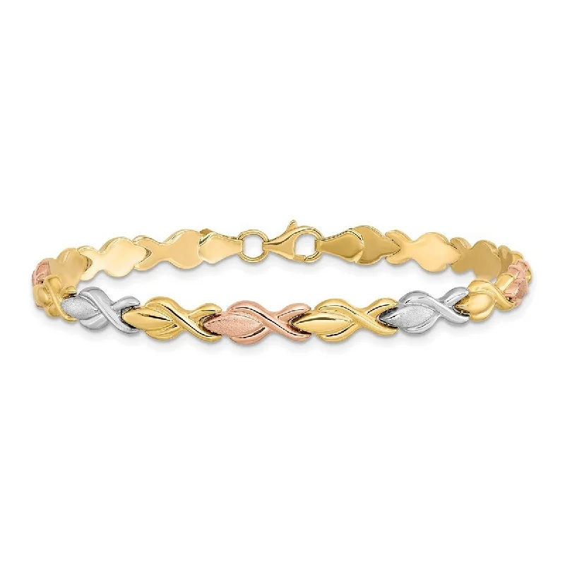 Ladies gold bangle bracelet-Curata 10k Tri color Gold 7.5" 5mm Polished Brushed XO Links Bracelet