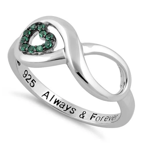 Ladies promise ring-Sterling Silver Infinity Emerald Heart "Always & Forever" Engraved CZ Ring