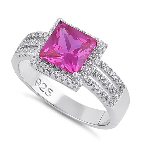 Ladies silver stacking rings-Sterling Silver Princess-Cut Pink CZ Ring