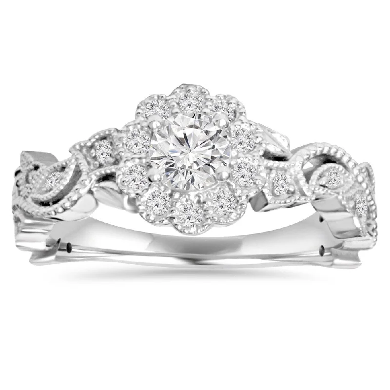 Ladies engagement ring with a split shank-14k White Gold 1/ 2 ct TDW Diamond Vintage Pedal Engagement Wedding Ring