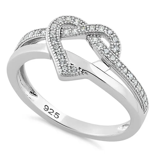 Ladies silver stackable rings-Sterling Silver Twisted Heart Shape CZ Ring