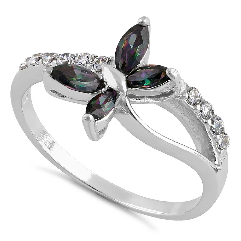 Ladies cocktail ring-Sterling Silver Butterfly Rainbow Topaz CZ Ring