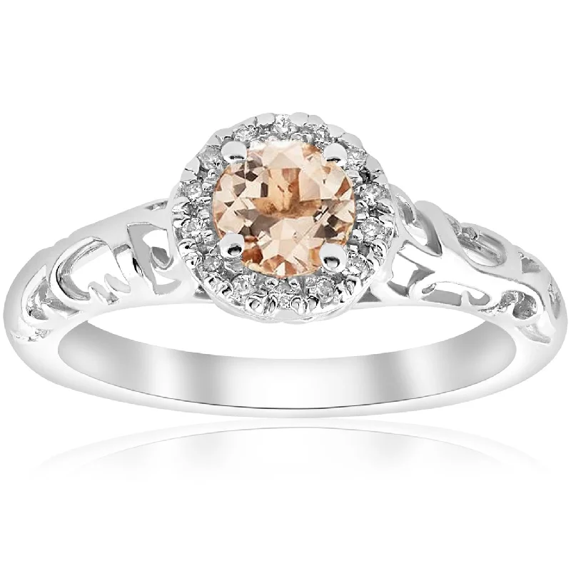 Ladies engagement ring with vintage appeal-5/8cttw Morganite & Diamond Vintage Halo Engagement Ring White Gold