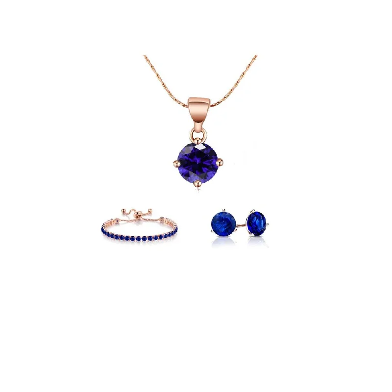 Ladies stacked bracelet-10K Rose Gold 7 Ct Round Created Blue Sapphire Jewelry Set Necklace Earrings Bracelet