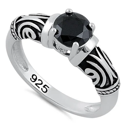 Ladies eternity ring-Sterling Silver Tribal Round Cut Black CZ Ring