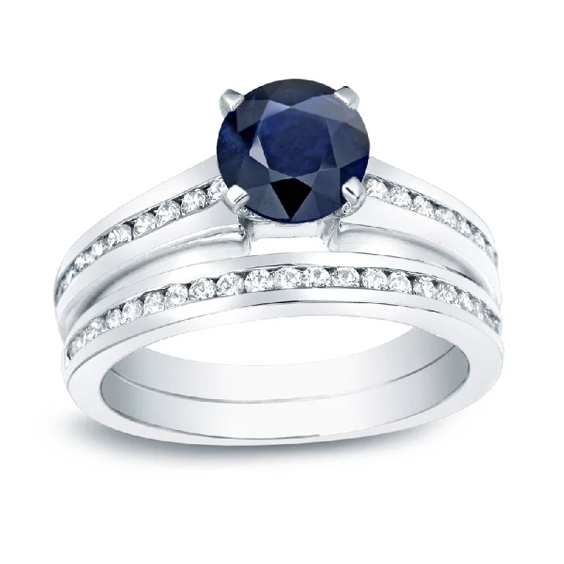 Ladies modern engagement ring-Auriya Platinum 3/4ct Round Blue Sapphire and 3/4ctw Diamond Engagement Ring Set