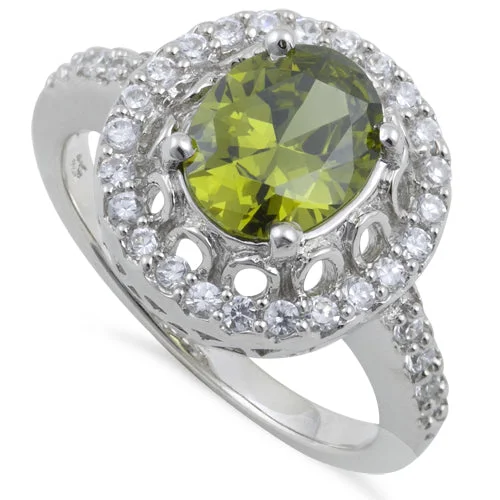 Ladies halo ring-Sterling Silver Olive Green Halo Oval Cut CZ Ring