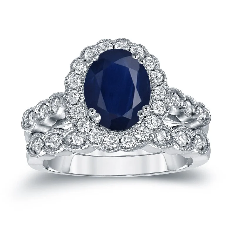 Ladies gold engagement ring-Auriya Vintage 2 1/2ct Sapphire Oval and 3/5ctw Halo Diamond Engagement Ring Set Platinum