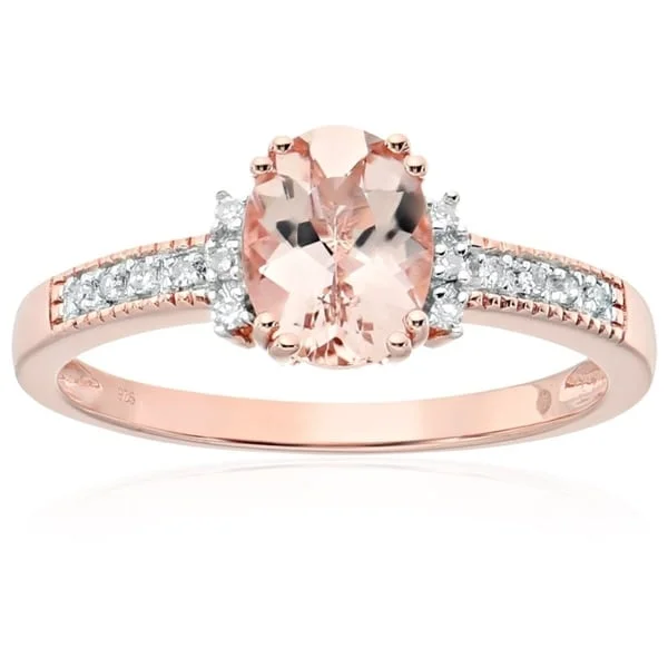 Ladies solitaire engagement ring-Rose Gold-plated Silver Morganite Diamond Accent Engagement Ring, Sz 7 - Pink