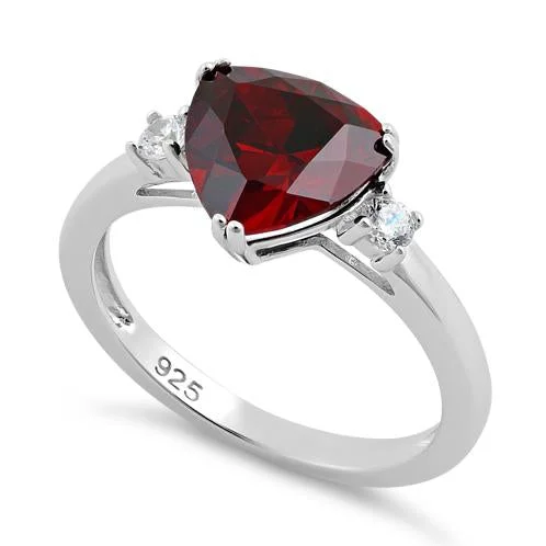 Ladies rose gold engagement ring-Sterling Silver Trillion Cut Garnet CZ Ring