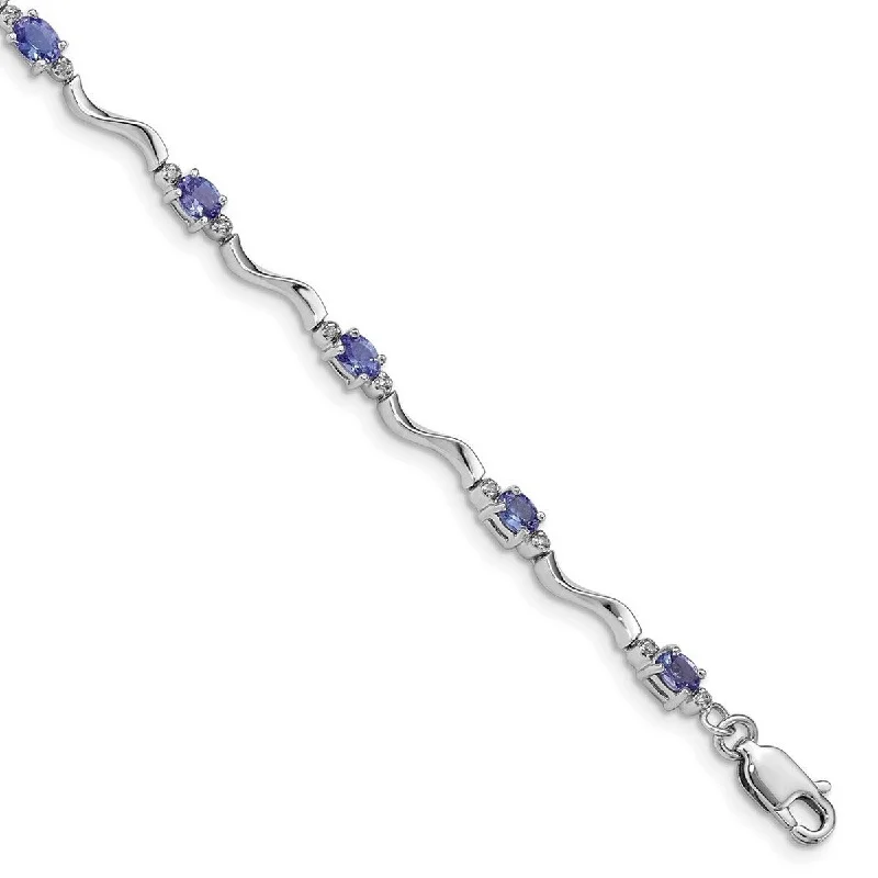 Ladies wedding bangle-Curata 925 Sterling Silver Polished Lobster Claw Closure Rhodium Plated Diamond and Tanzanite Bracelet