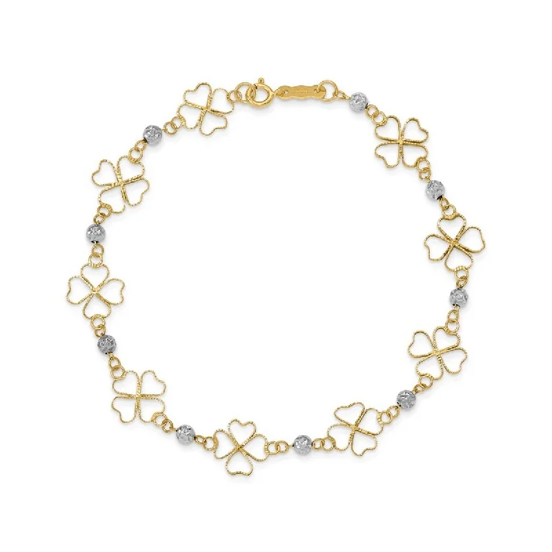 Ladies gold bracelet-Curata 14k Two tone Gold 7.5" 9mm Diamond Cut Open Clovers and Beads Bracelet