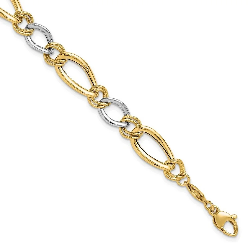 Ladies chain bracelet-Curata 14k Two tone Gold Polished and Textured Fancy Oval Curb Bracelet 7.5 Inch