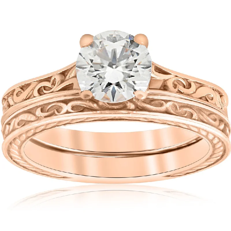 Ladies solitaire engagement ring-1ct Diamond Solitaire 14k Rose Gold Vintage Engagement Ring Wedding Band Clarity Enhanced (H-I, I1-I2)